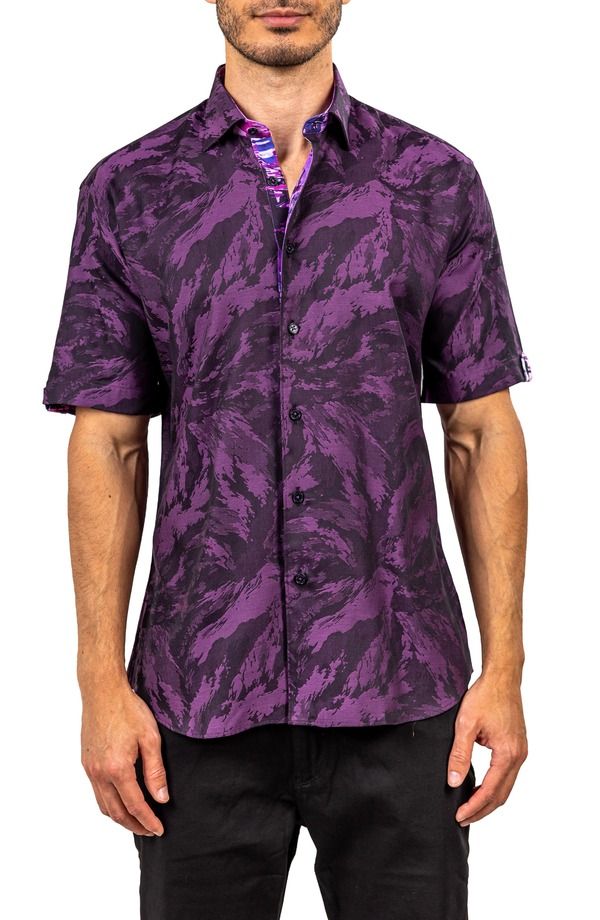 マセオ メンズ トップス シャツ Maceoo Galileo Ascension 0081 Contemporary Fit Short Sleeve ButtonUp Shirt PurpleBlack ブラック 31,070円