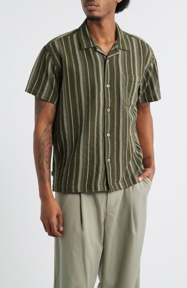 オベイ メンズ トップス シャツ Obey Hugh Stripe Camp Shirt Dark Sage Multi セージ