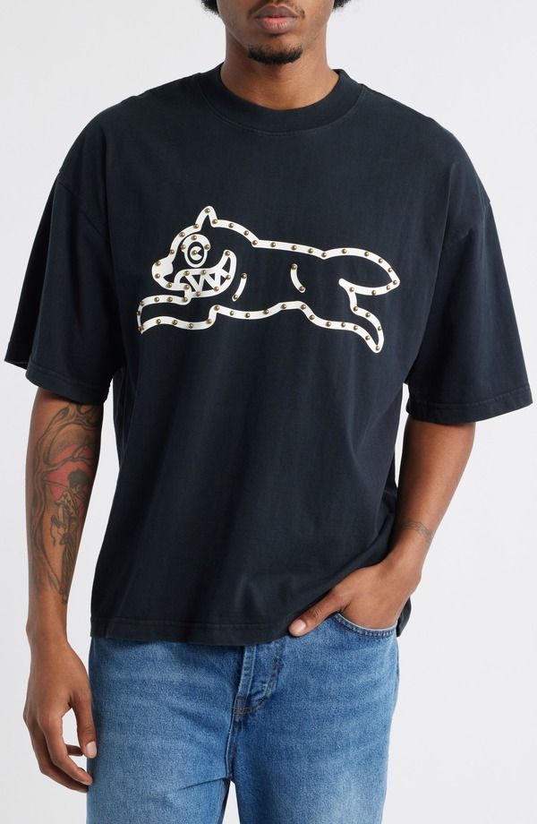 アイスクリーム メンズ トップス Tシャツ コットン ロゴ ICECREAM Frank Stud Logo Cotton TShirt Charcoal Art チャコール