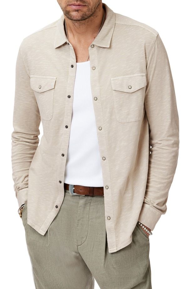 ジョンバルベイトス メンズ トップス シャツ コットン ニット John Varvatos Avron Slub Organicotton Knit SnapUp Western Shirt Almond