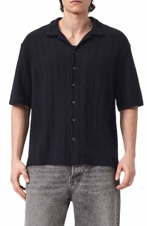 オールセインツ メンズ トップス シャツ コットン AllSaints Trace Textured Cotton Camp Shirt Jet Black ブラック