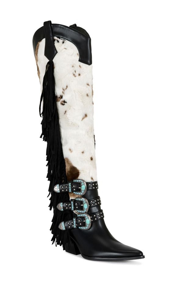 アザレア ワン レディース シューズ ブーツ・レインブーツ AZALEA WANGwayne Faux Fur Over the Knee Western Boot Blackmulti