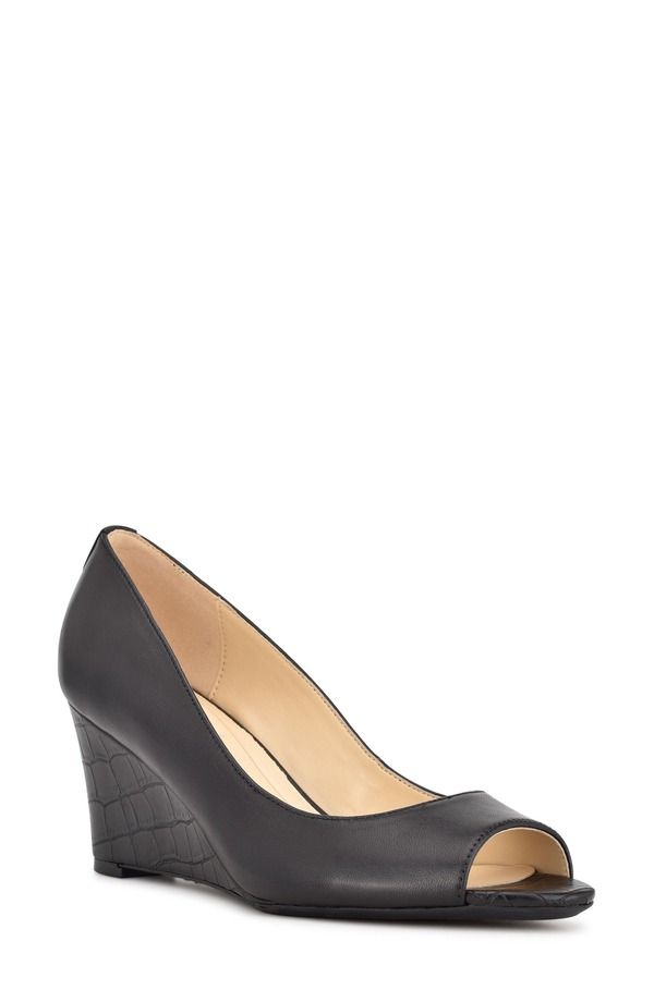 ナインウェスト レディース シューズ ヒール ケープデザイン キャップ ケープ Nine West Capeep Toe Wedge Black Leather ブラック
