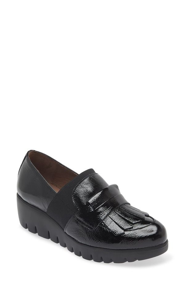 ワンダーズ レディース シューズ スリッポン・ローファー プラットフォーム Wonders Kiltie Platform Loafer Textured Black Patent ブラック