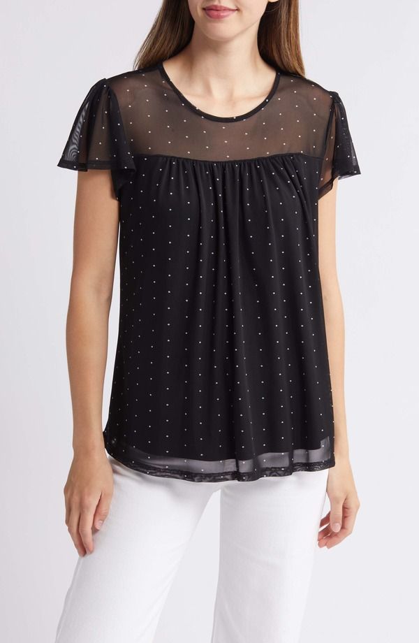 ラブアペラ レディース トップス シャツ ドット柄 ドット メッシュ シアー Loveappella Polka Dot Sheer Yoke Mesh Top Black ブラック