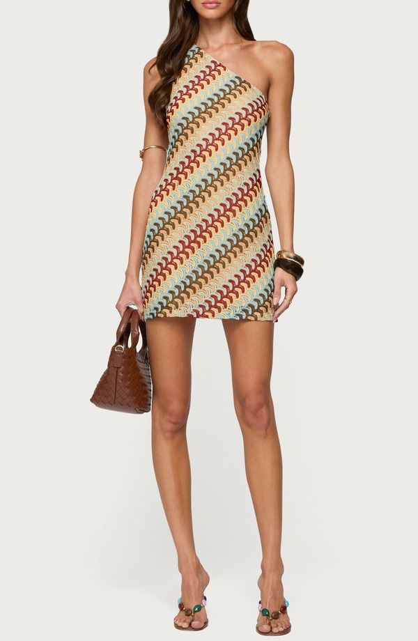 アディクテッド レディース トップス ワンピース ミニ ワンショルダー EDIKTED Agua Zigzag Stripe OneShoulder Minidress Mix ストライプ