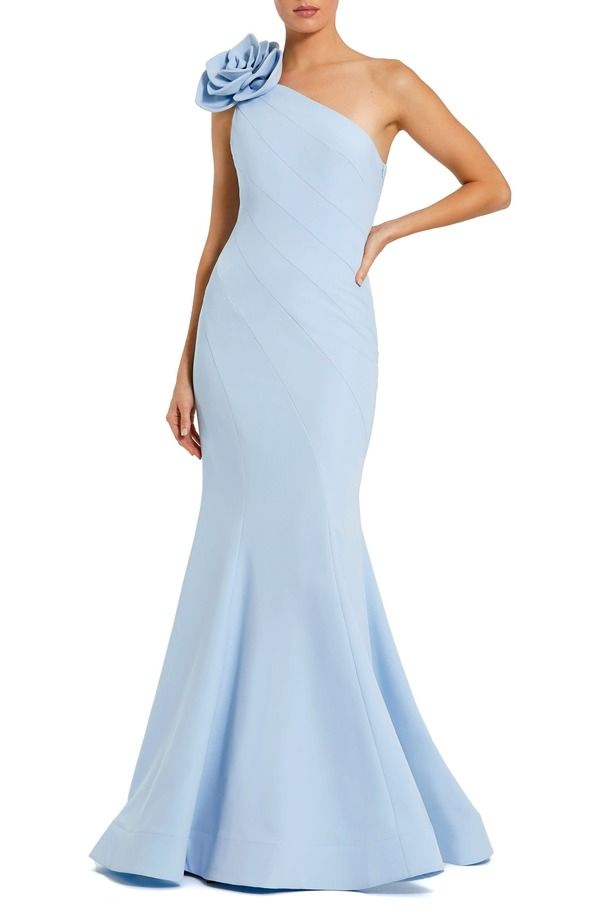 マックダガル レディース トップス ワンピース クレープ Mac Duggal Crepe One Shoulder Mermaid Gown With 3D Flower Powder Blue ブルー