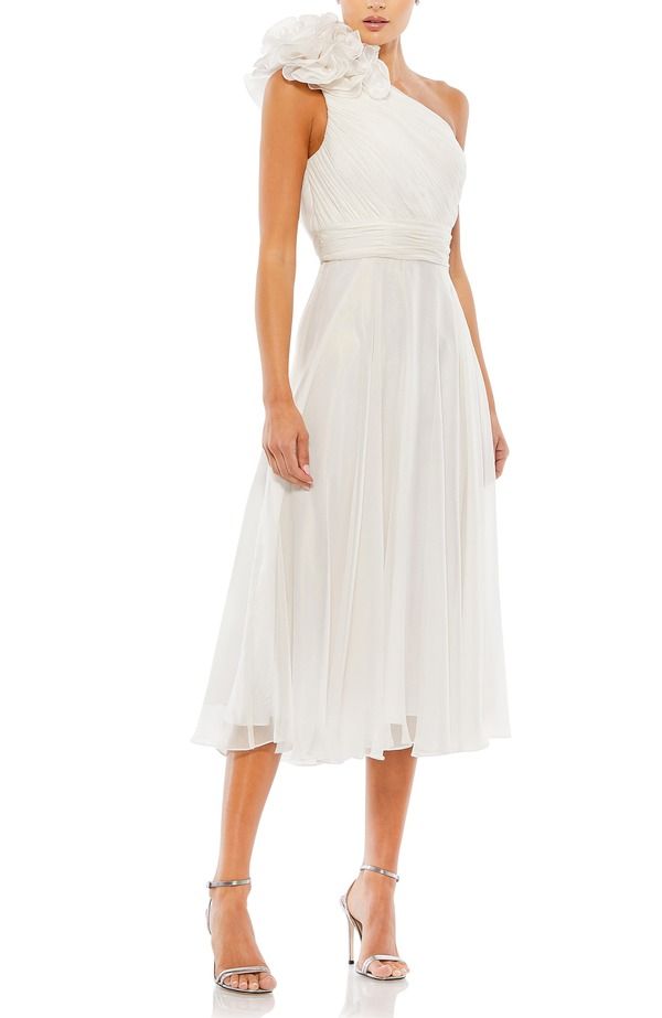 マックダガル レディース トップス ワンピース Mac Duggal Rosette One Shoulder Tea Length Dress White ホワイト