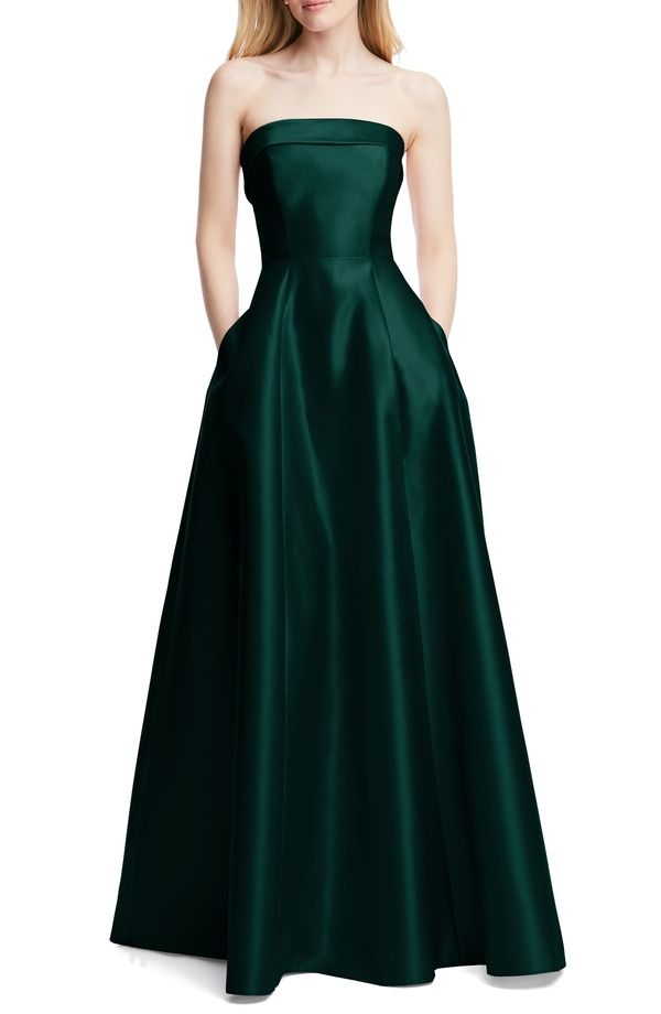 アルフレッド レディース トップス ワンピース サテン ストラップレス Alfred Sung Strapless Cuff Satin Gown Evergreen