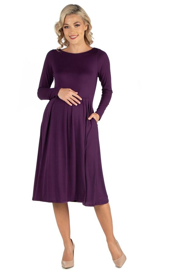 24 セブンコンフォート レディース トップス ワンピース ミディ マタニティ 24seven Comfort Apparel Maternity Midi Length Fit and Flare Pocket Dress Purple パープル