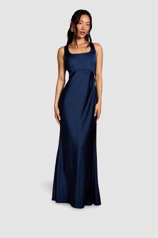コースト レディース トップス ワンピース サテン Coast Square Neck Satin Bow Dress Navy ネイビー