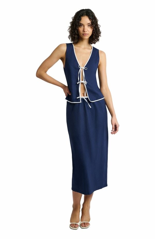 オニア レディース トップス シャツ リネン Oniair Linen Tie Frontank Deep NavyWhite ホワイト