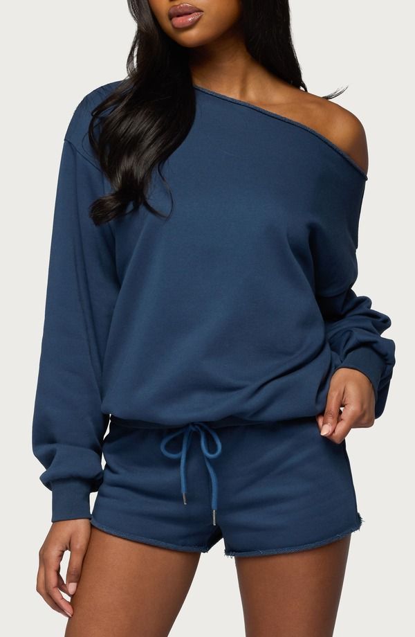 アディクテッド レディース アウター パーカー・スウェット ワンショルダー シャツ EDIKTED Juana OneShoulder Sweatshirt Navy ネイビー