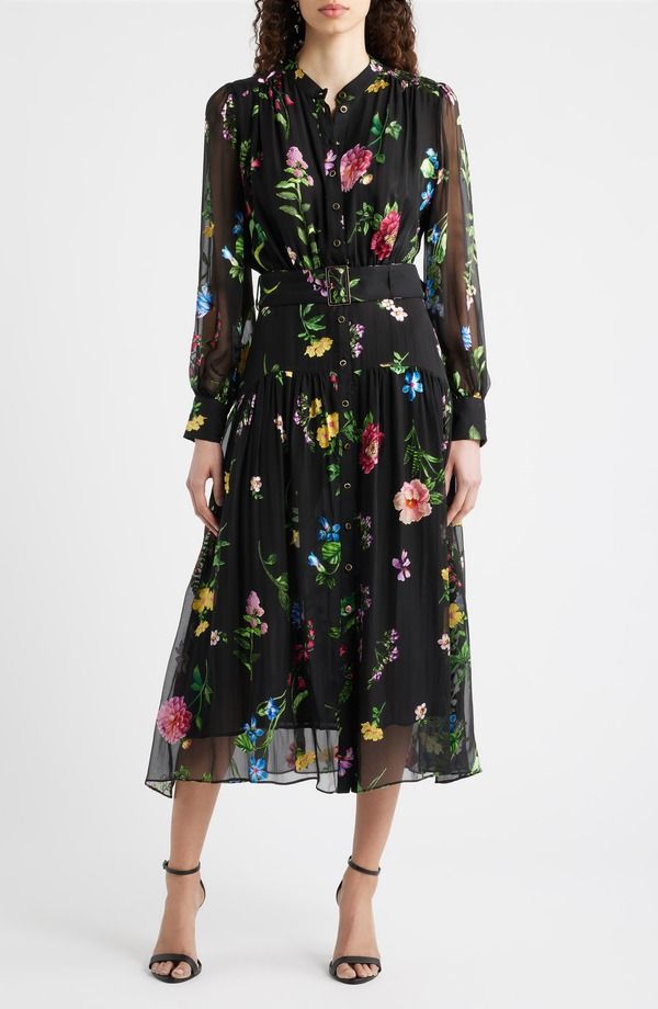 エリータハリ レディース トップス ワンピース フラワー柄 プリント フラワー Elie Tahari The Janice Floral Print Long Sleeve Dress Noir Denim Garden デニム