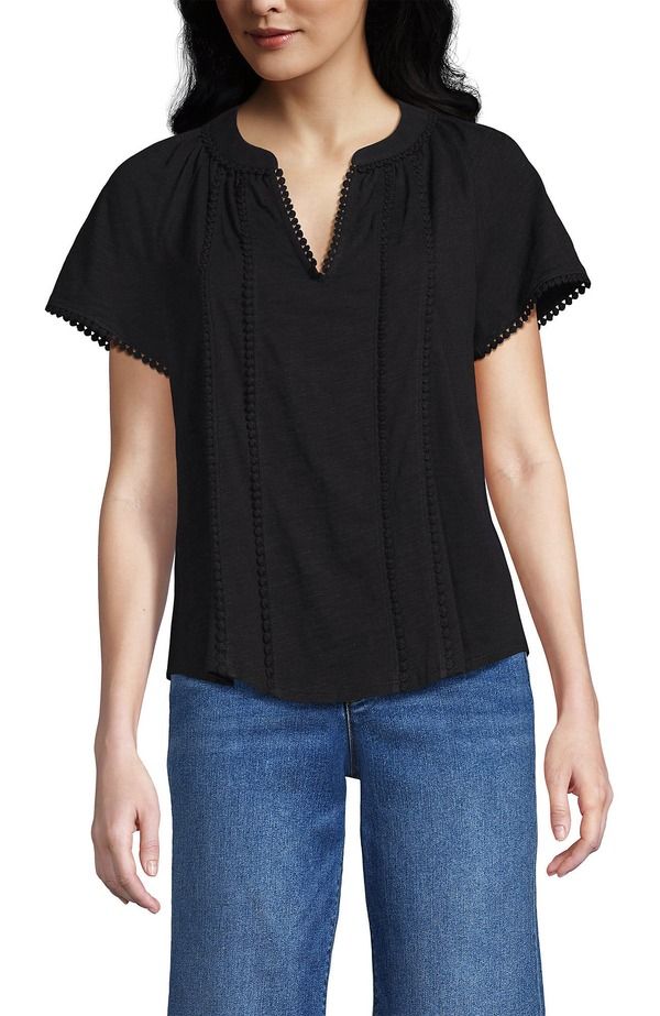 ランズエンド レディース トップス シャツ Lands End Slub Short Sleeve Notch Neck Top Black ブラック
