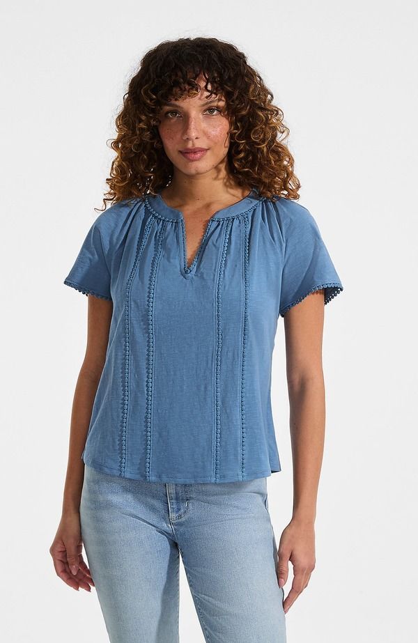 ランズエンド レディース トップス シャツ Lands End Slub Short Sleeve Notch Neck Top Teal Blue Ocean ブルー