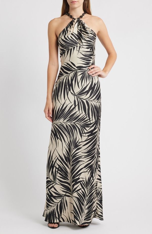 ヴィンスカムート レディース トップス ワンピース プリント サテン Vince Camuto Beadetail Palm Print Satin Sheath Gown Black ブラック