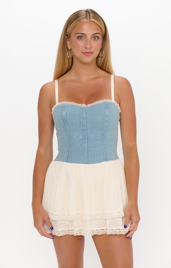 ウミーユアムーム レディース トップス ワンピース ミニ Show Me Your Mumu Geneva Mini Dress Light Indigo With Cream Voile クリーム