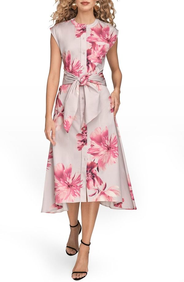 ダナ キャラン ニューヨーク レディース トップス ワンピース フラワー柄 シャツ コットン キャップ フラワー Donna Karanew York Floral Tie Front Cap Sleeve Stretch Cotton Shirtdress