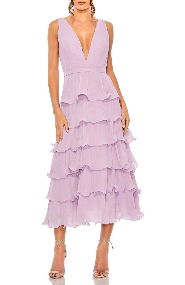 マックダガル レディース トップス ワンピース シフォン フリル ミディ ノースリーブ Mac Duggal Deep V Chiffon Sleeveless Ruffle Midi Dress Orchid