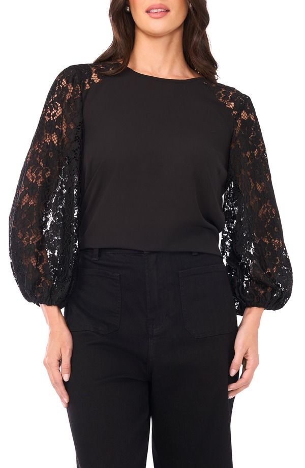 ヴィンスカムート レディース アウター パーカー・スウェット レース Vince Camuto Lace Sleeve Top Rich Black ブラック