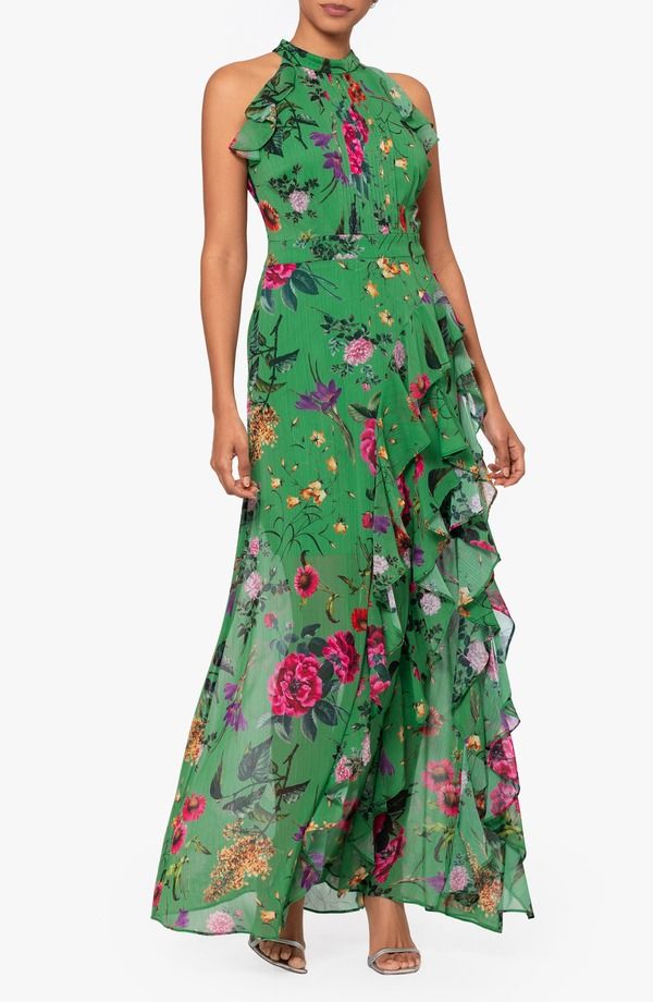 ベッツィアンドアダム レディース トップス ワンピース シフォン フラワー柄 プリント フリル トール フラワー Betsy Adam Floral Print Metallic Ruffle Chiffon Gown GrnMulti マルチカラー 44,720円