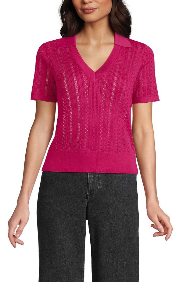 ランズエンド レディース トップス ポロシャツ セーター コットン Lands End Fine Gauge Cotton Pointelle Polo Sweater Hot Pink ピンク