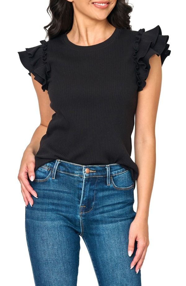 ギブソンルック レディース トップス シャツ GIBSONLOOK Flutter Sleeve Rib Top Black ブラック
