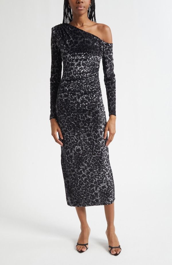 レイミー ブルック レディース トップス ワンピース ミディ ワンショルダー ベルベット Ramy Brook Anastasia Leopard Spot Velvet Burnout OneShoulder Midi Dress Black Leopard