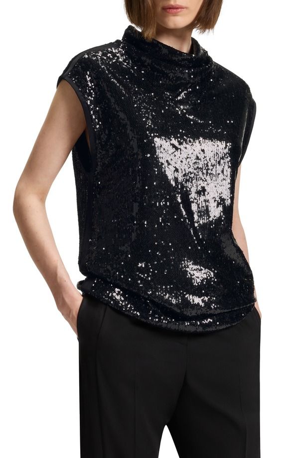 ボス レディース トップス シャツ モックネック スパンコール BOSS Ebib Sequin Mock Neck Top Black ブラック