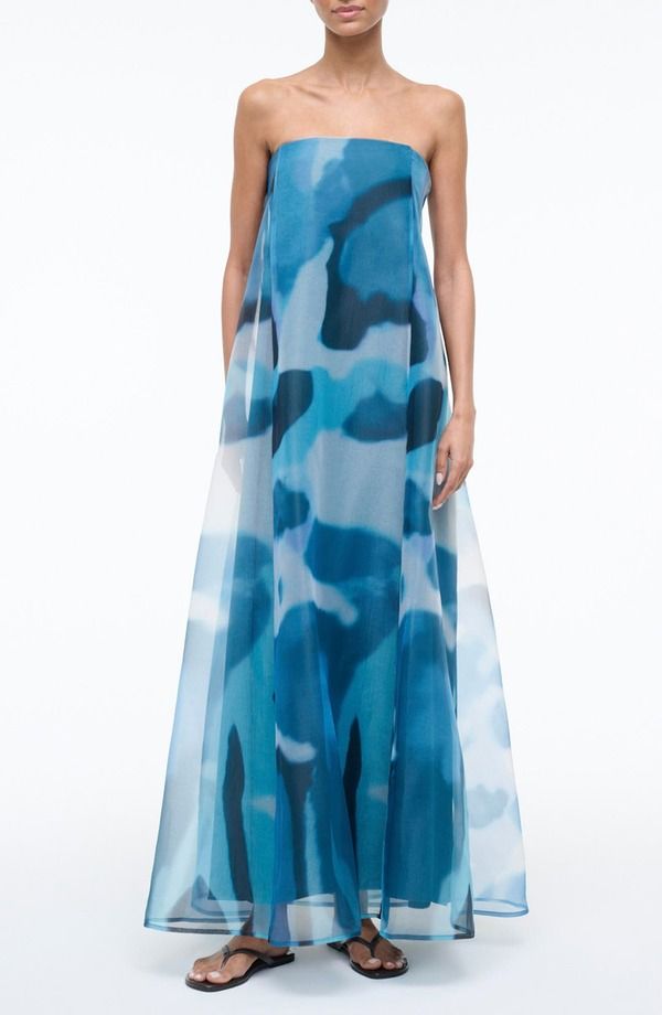 スタウド レディース トップス ワンピース プリント ストラップレス STAUD Allyson Abstract Print Strapless Dress Blue Haze ブルー