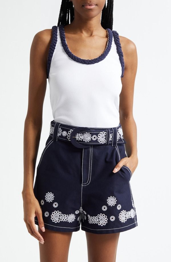 サンク セプト レディース トップス シャツ コットン Cinq Sept Braided Trim Stretch Cotton Tank White Navy ホワイト