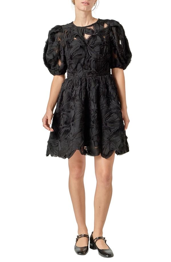 イングリッシュファクトリー レディース トップス ワンピース English Factory Flower Detail Puff Sleeve Dress Black ブラック