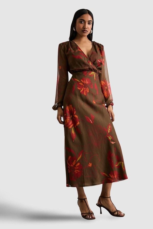 ウエアハウス レディース トップス ワンピース Vネック タイディテール プリント ミディ Warehouse Printed V Neck Tie Detail Midi Dress Brown ブラウン