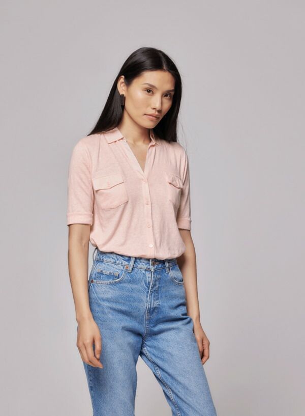 マジェスティック レディース トップス シャツ リネン Majestic Filaturestretch Linen 34 Sleeve Pocket Shirt Poudre