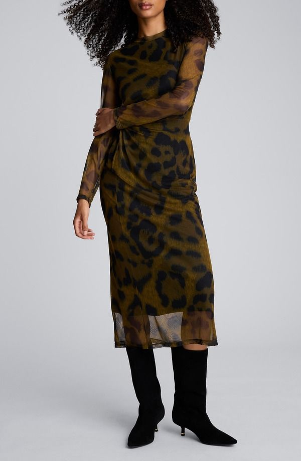 ケネスコール レディース トップス ワンピース プリント メッシュ ミディ Kenneth Cole Print Knot Long Sleeve Mesh Midi Dress Olive Green Multi グリーン