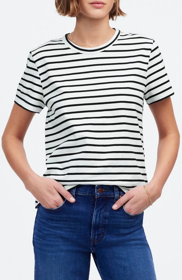 メイドウェル レディース トップス Tシャツ クルーネック コットン Madewell Perfect Stripe Cotton Crewneck TShirt Black White Stripe ホワイト