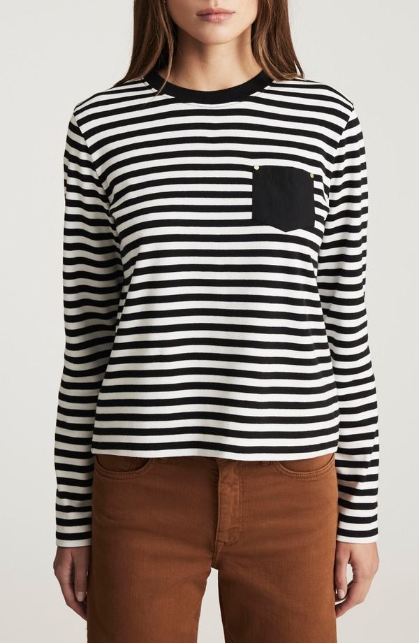 マーヴィ ジーンズ レディース トップス Tシャツ Mavi Jeanstripe Long Sleeve PocketShirt Black White Stripe ホワイト