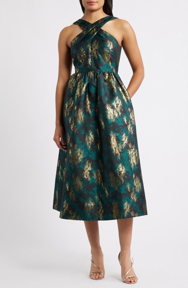 アンクライン レディース トップス ワンピース トール Anne Klein Metallicrossover Neck Brocade Dress Midnight Pine Multi マルチカラー