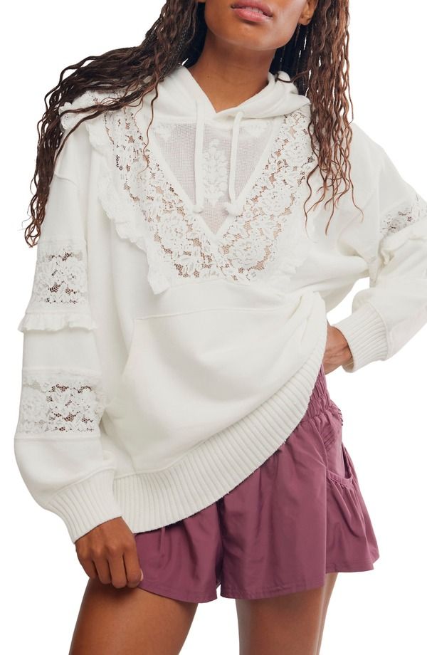 フリーピープル レディース アウター パーカー・スウェット レーストリム シャツ レース Free People FP Movement Studio Tunic Hooded Lace Trim Sweatshirt Ivory アイボリー