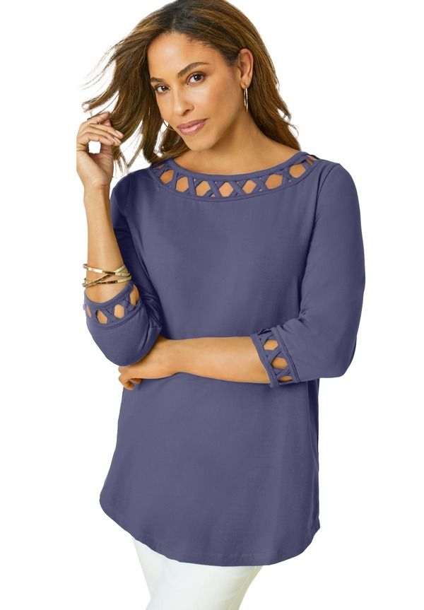 ジェシカロンドン レディース トップス シャツ コットン Jessica London Stretch Cotton Lattice Boatneck Tunic Deep Dusk