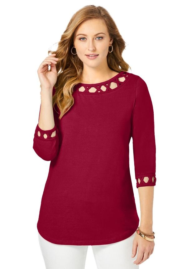 ジェシカロンドン レディース トップス シャツ コットン Jessica London Stretch Cotton Lattice Boatneck Tunic Rich Burgundy バーガンディ