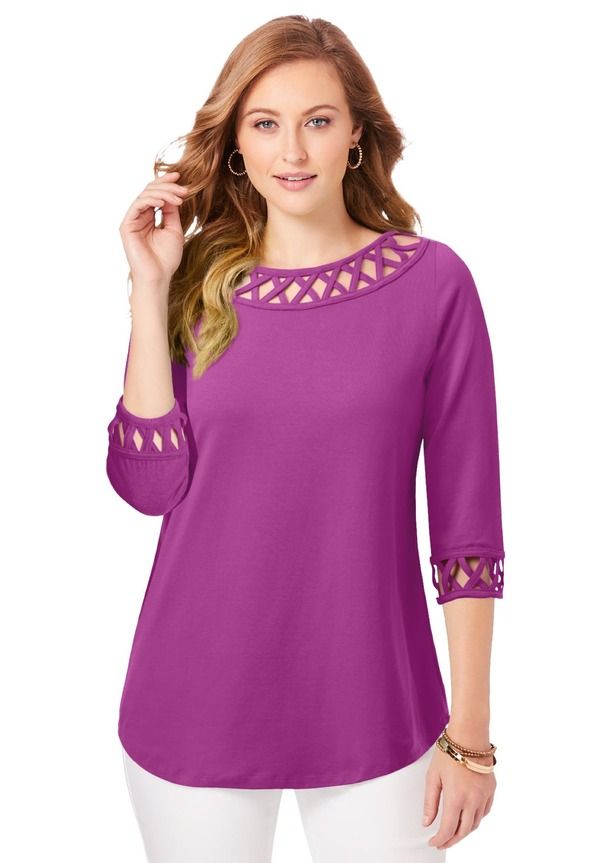 ジェシカロンドン レディース トップス シャツ コットン Jessica London Stretch Cotton Lattice Boatneck Tunic Deep Orchid