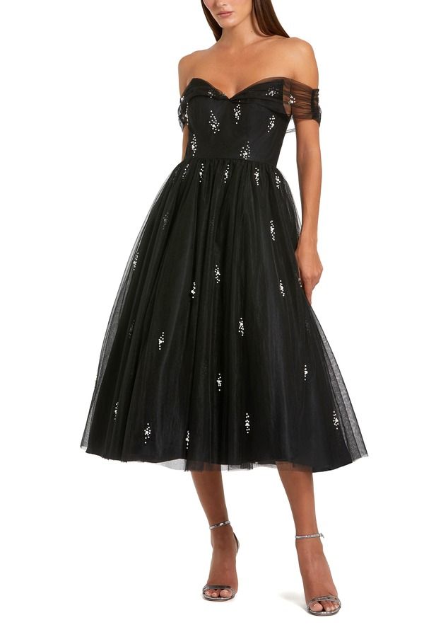 マックダガル レディース トップス ワンピース チュール プチ Mac Duggal Petite Ieena Off The Shoulder Embellished Tulle Cocktail Dress Black ブラック