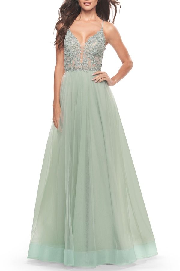 ラフェム レディース トップス ワンピース チュール シアー レース La Femme Tulle Gown with Sheer Lace Bodice Sage セージ
