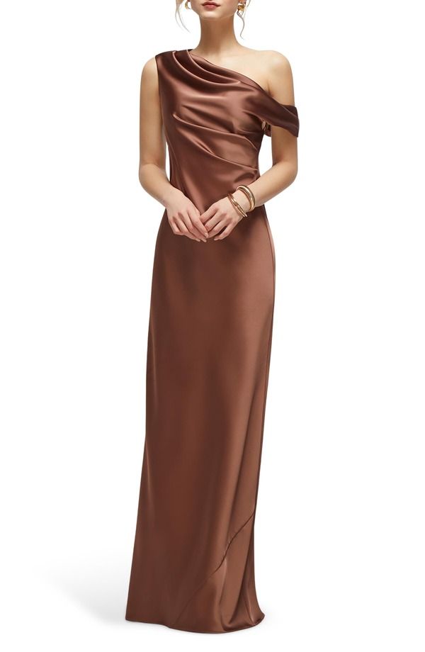 アフターシックス レディース トップス ワンピース ドレープ ワンショルダー サテン After Six Draped OneShoulder Satin Charmeuse Gown Cognac