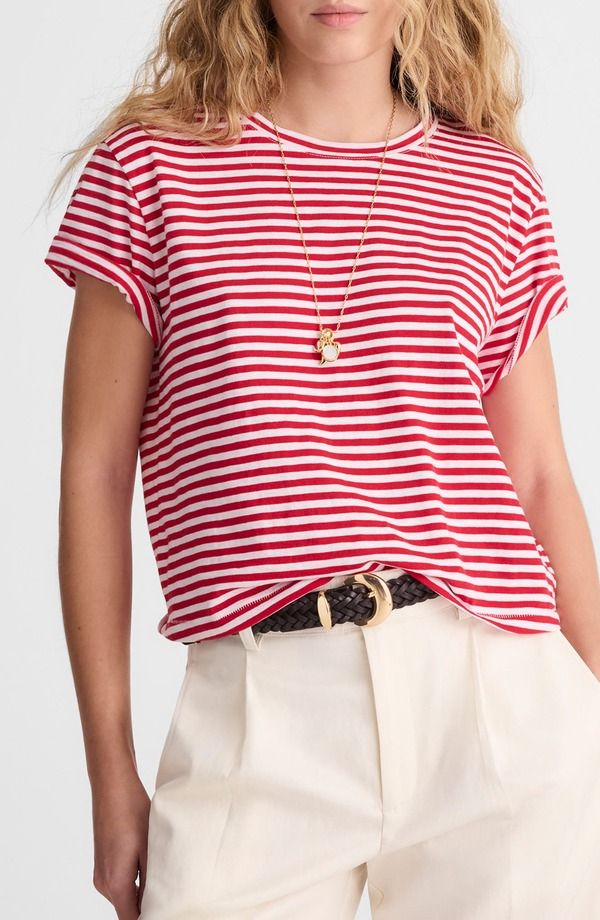 メイドウェル レディース トップス Tシャツ Madewell Stripe Boxy Crop Slub TShirt Festival Red レッド