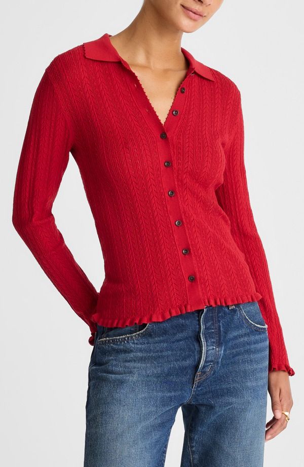 メイドウェル レディース アウター パーカー・スウェット フリル カーディガン Madewell Ruffle Trim Pointelle Cardigan Crimson クリムゾン