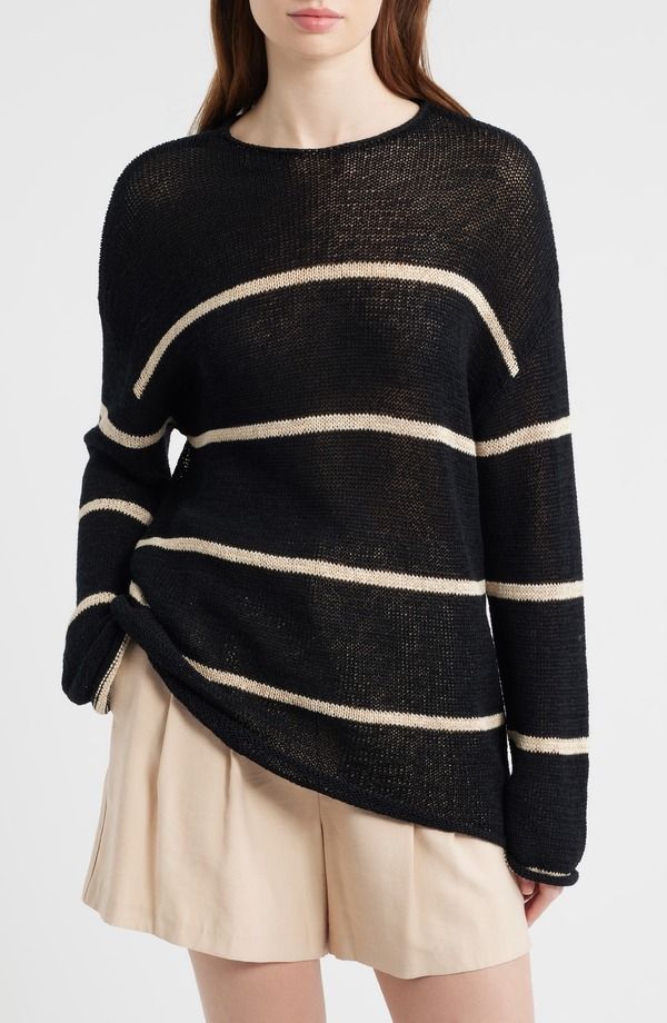 レイルズ レディース アウター パーカー・スウェット セーター コットン リネン Rails Evangeline Stripe Cotton Linen Blend Sweater Black Linen Stripe ブラック