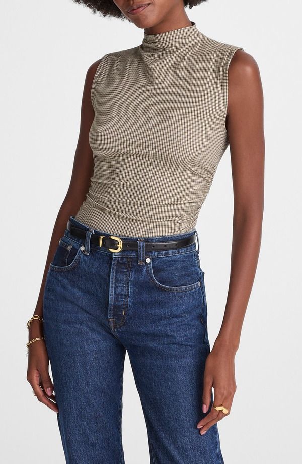 メイドウェル レディース トップス シャツ モックネック ギャザー ノースリーブ Madewell Houndstooth Ruched Mock Neck Sleeveless Top Micro Houndstooth Coffee コーヒー